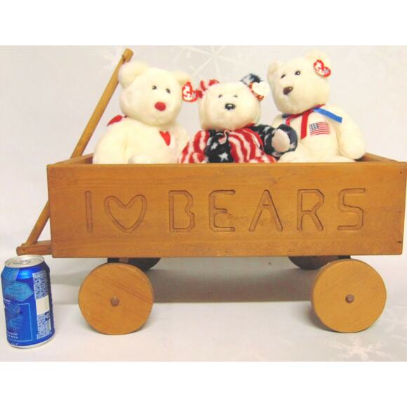 Beanie Buddy Teddy Bear Wooden Wagon Set 4 Pc Set Liberty Spangle Valentino 14" - Picture 1 of 12